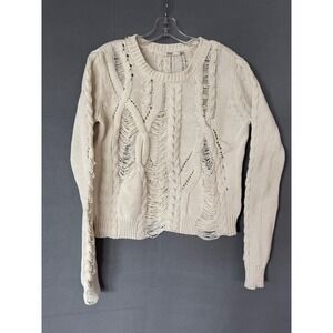Silver Jeans Co Size M Cream Cable Knit Distressed Shredded Sweater Boho Coastal